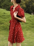 连衣裙女夏收腰显瘦2023法式气质赫本风雪纺，红色中长衬衫裙子