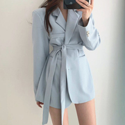韩国chic优雅法式西装领两粒扣系带收腰显瘦双口袋宽松西服外套女