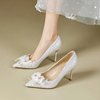 白色秀木配婚纱婚鞋女细跟法式小众水钻蝴蝶结，亮片水晶高跟鞋单鞋