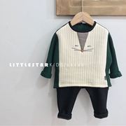 韩国童装冬款男女童宝宝，墨绿色拼接狐狸上衣，加绒裤子套装90-120