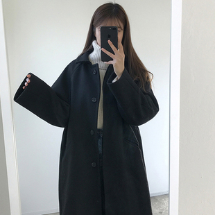 2023秋冬装韩版中长款黑色加棉厚呢子大衣，流行学生毛呢外套女