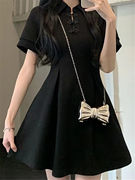 新中式连衣裙女夏季2024短袖小个子学生收腰显瘦短款黑色短裙