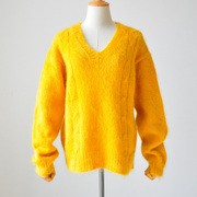 外贸原单vintage古着黄色毛衣v领马海毛宽松套头，羊毛针织衫春上衣