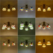 3-5头彩色玻璃蒂凡尼吸顶灯欧式复古创意多头蜻蜓花形led灯