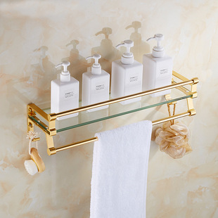 太空铝浴室金色玻璃 卫生间厕所单层镜前洗漱台化妆品置物毛巾架
