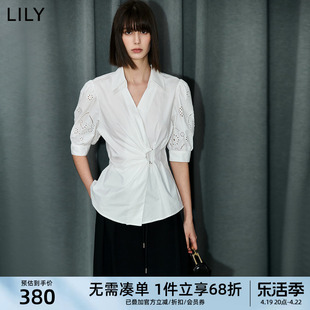 lily2024夏女装(夏女装)设计感不对称腰带浪漫泡泡袖，衬衫雪纺衫上衣女