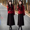 新年红色战袍小香风毛呢外套女秋冬季高级感名媛气质时尚两件套装