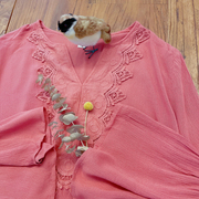 rom2日式复古刺绣提花，优雅个性喇叭，袖舒适飘逸雪纺衫