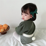 女宝宝针织套头毛衣泡泡灯笼袖，洋气针织上衣，+兔子毛球尾巴针织裤