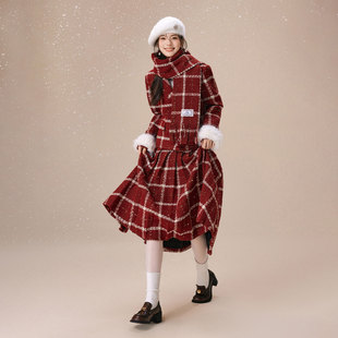 htcu苏珊法式复古新年小香风外套短款女红色，秋冬呢子格纹套装裙