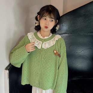森系复古感绿色少女镂空针织，开衫温柔蕾丝花边，毛衣气质减龄外套