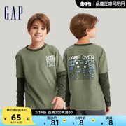 gap男童春秋纯棉假两件长袖t恤儿童装，洋气微弹运动休闲上衣736017