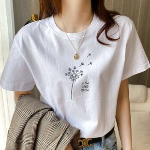 白色t恤女短袖2024夏季韩版宽松纯棉国潮体恤，纯色印花打底上