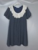 Vintage古着中古90s日本藏青色波点蕾丝荷叶领衬衫短款连衣裙