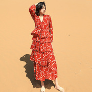 雪纺波点长袖连衣裙女红色v领中长款法式复古收腰显瘦蛋糕沙滩裙