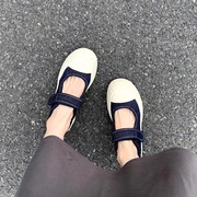 2025新款圆头百搭魔术贴一字带厚底单鞋女夏季真皮帆布鞋松糕鞋潮