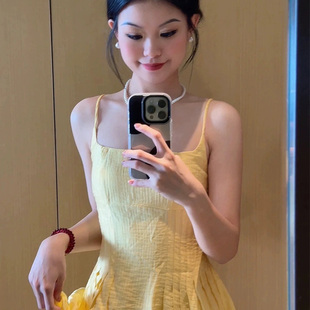 Do kiee 法式黄色吊带连衣裙女夏季高级感气质收腰显瘦a字裙