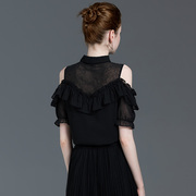 黑色雪纺衬衫女夏短袖2024设计感小众洋气性感，露肩一字肩上衣
