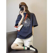 韩国藏蓝色短袖t恤女装2024夏季美式复古宽松显瘦设计感半袖~