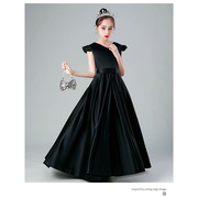 女童黑色钢琴晚礼服演出服公主，裙缎面儿童主持走秀表演服长款2023