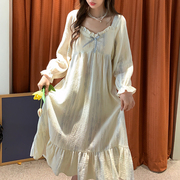 水墨风绉布长袖长裙睡裙，春季女士纯棉纱布带，胸垫防凸点连衣裙睡衣