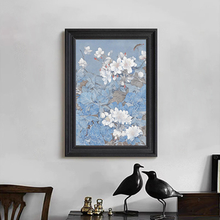 手绘油画中式复古蓝色，玉兰花装饰挂画春意，花卉客厅玄关柜桌面摆件