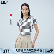 商场同款LILY夏女装别致绣花复古简约条纹短袖T恤女