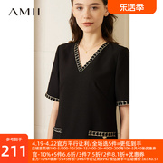 Amii2024夏小气质香风连衣裙女织带镶边V领小个子裙子小黑裙