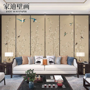 新中式电视背景墙壁纸古典花鸟墙纸，客厅卧室全屋满铺壁画定制墙布