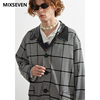 mixseven原创设计男士风衣黑白，千鸟格皮革，领中长款冬季外套潮百搭