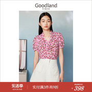 goodland美地女装，夏季玫红波点荷叶，边短袖印花衬衫上衣