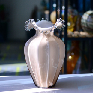 水滴浪花瓶口葡萄粉立体条纹，波浪玫瑰百合手工玻璃花瓶插花器摆件