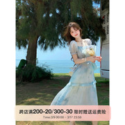 q女家浪漫海德堡法式一字，肩垂坠感连衣裙海边度假气质蓝色长裙