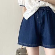 深蓝色牛仔短裤女夏季高腰大码宽松梨形，身材显瘦阔腿五分裤