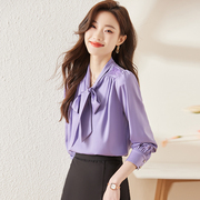 紫色雪纺衬衫女2024春秋季职业上衣，设计感蝴蝶结法式长袖衬衣