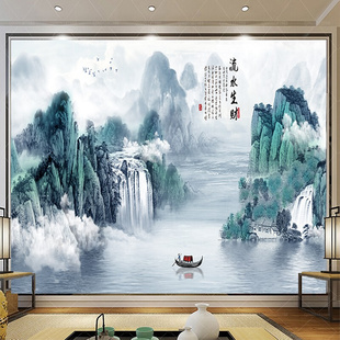 新中式水墨山水画客厅，电视背景墙贴画迎客松，壁画影视墙自粘壁布