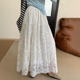 新中式国风蕾丝半裙2024春季女装高腰气质纯色半身裙长裙