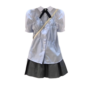 大码胖mm法式复古学院风短袖衬衫夏季高腰灰色百褶短裙两件套装女