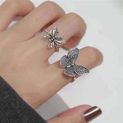 复古泰银食指戒女韩版个性夸张气质雕刻镂空蝴蝶戒指开口