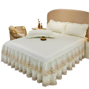 1.8m2.01.5欧式床裙式床罩纯色，刺绣蕾丝纱花边床单米床套夏季防滑