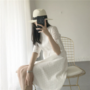 「MICOOS」自制复古蕾丝刺绣中袖显瘦收腰温柔裙白色棉衬衫连衣裙