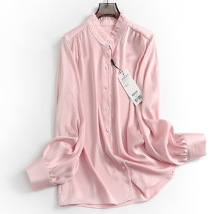 纯色垂感花边立领单排扣春季长袖，气质百搭淑女上衣女衬衫n619