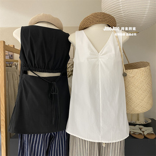 韩系ins后背心机设计感系带，白色衬衫夏季显瘦v领叠穿背心上衣