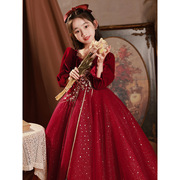 儿童礼服钢琴演奏女童高端公主裙红色主持人花童小女孩演出服秋季