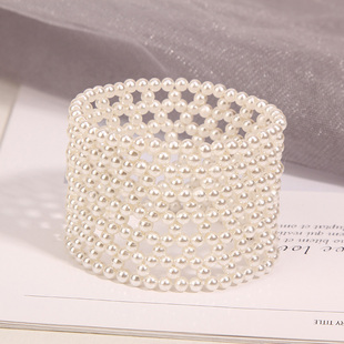 日韩网红同款手工编织珍珠宽版手镯女复古时髦设计感气质手环手链