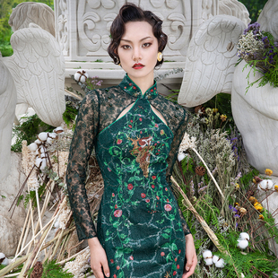 magicq独家原创设计改良旗袍，墨绿色蕾丝印花气质连衣裙长款
