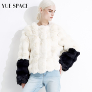 YUESPACE秋冬女毛绒外套常规毛呢上衣羊剪绒撞色拼接圆领时尚休闲