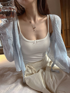 superniniyy杏仁白茶嗲嗲的绑带，防晒小开衫，微透镂空长袖针织衫女