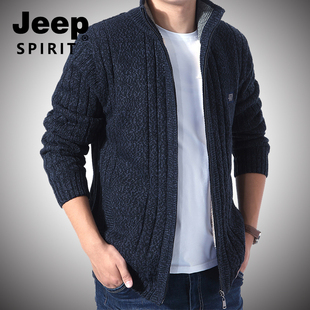 jeep针织衫秋冬季男立领卫衣，厚款保暖加绒开衫毛衣冬宽松休闲外套