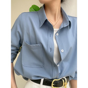 韩系蓝色衬衫女春秋，长袖polo领衬衣女装设计感小众上衣